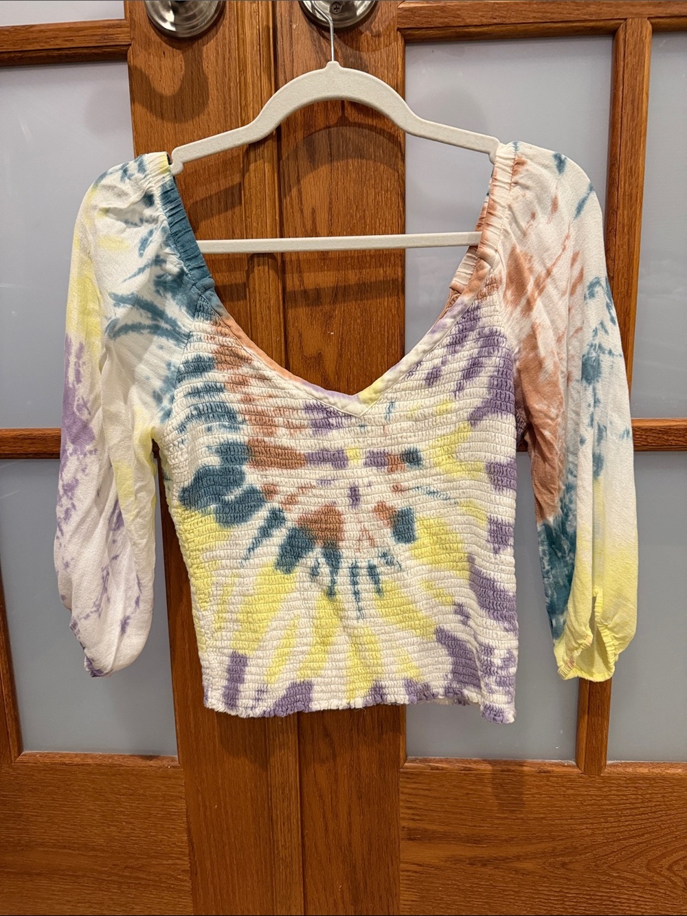 Chaser Tie-Dye Smocked V-Neck Crop Top — Yellow, Blue, Purple, Brown